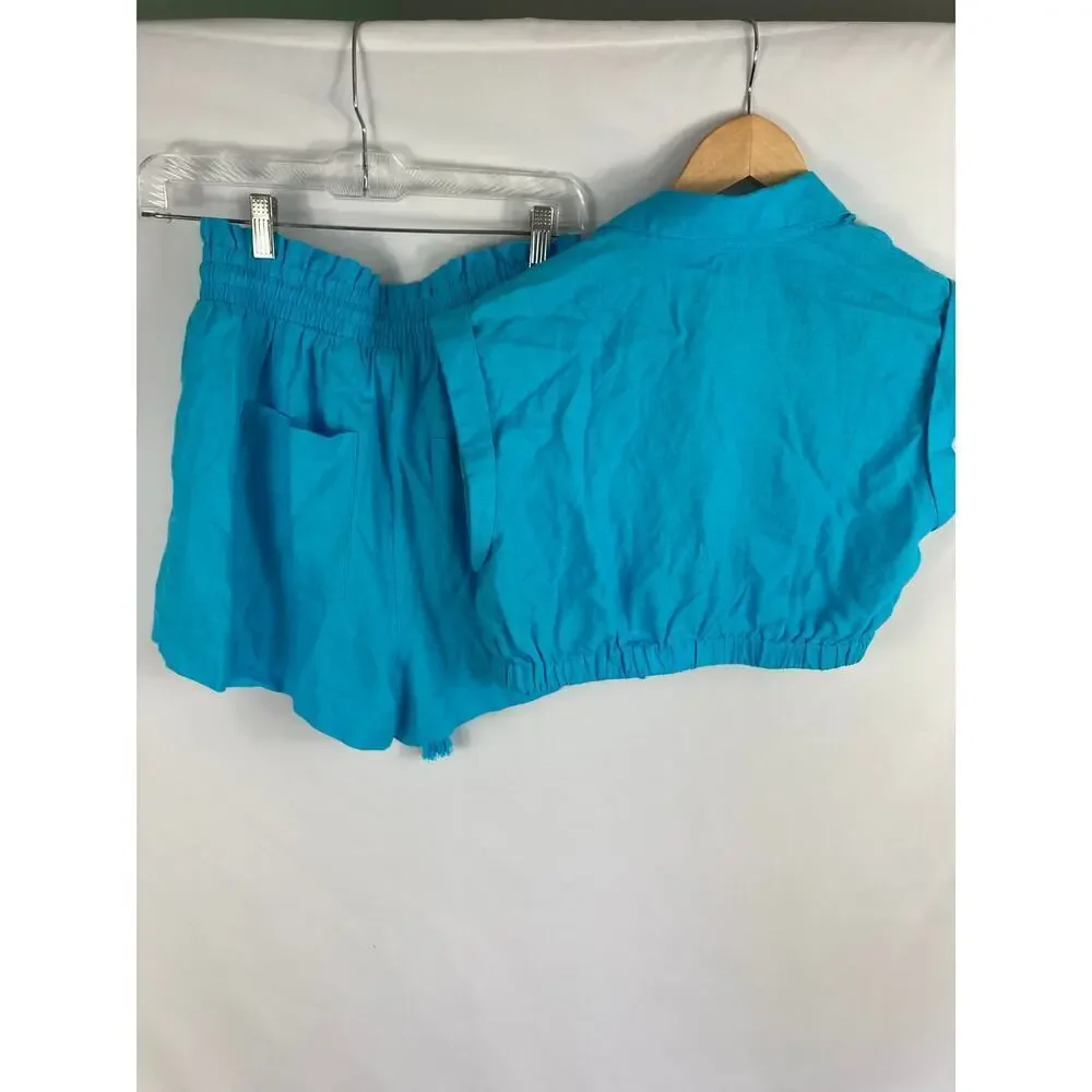 7 for All Mankind Linen Blend Blue Shorts and Button Up Crop top Set XS